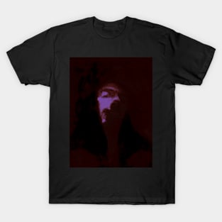 Portrait, digital collage and special processing. Like monk, man, smiling. Head. Weird. More stylized. Dark, red and violet. T-Shirt